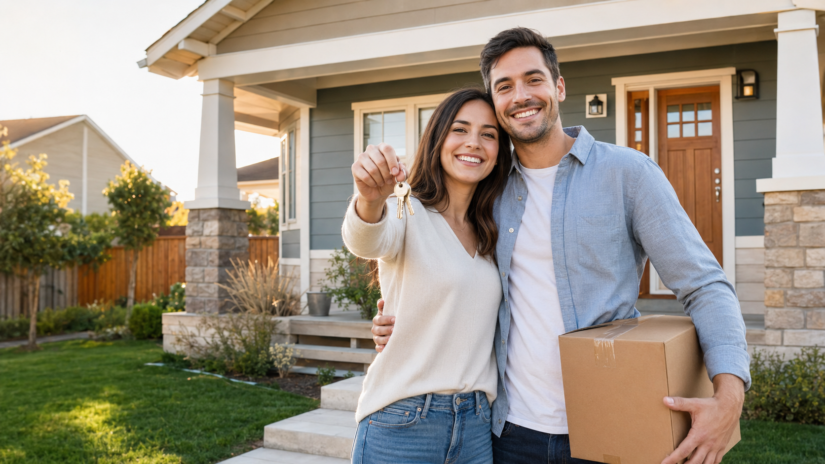 Happy couple holding the keys to their new home