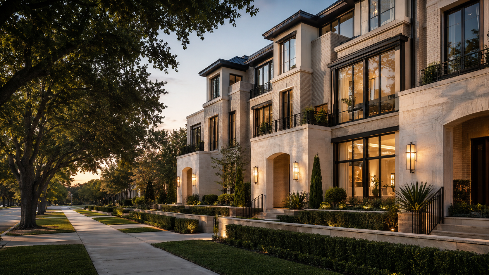 Luxury townhomes at dusk in Dallas, Texas